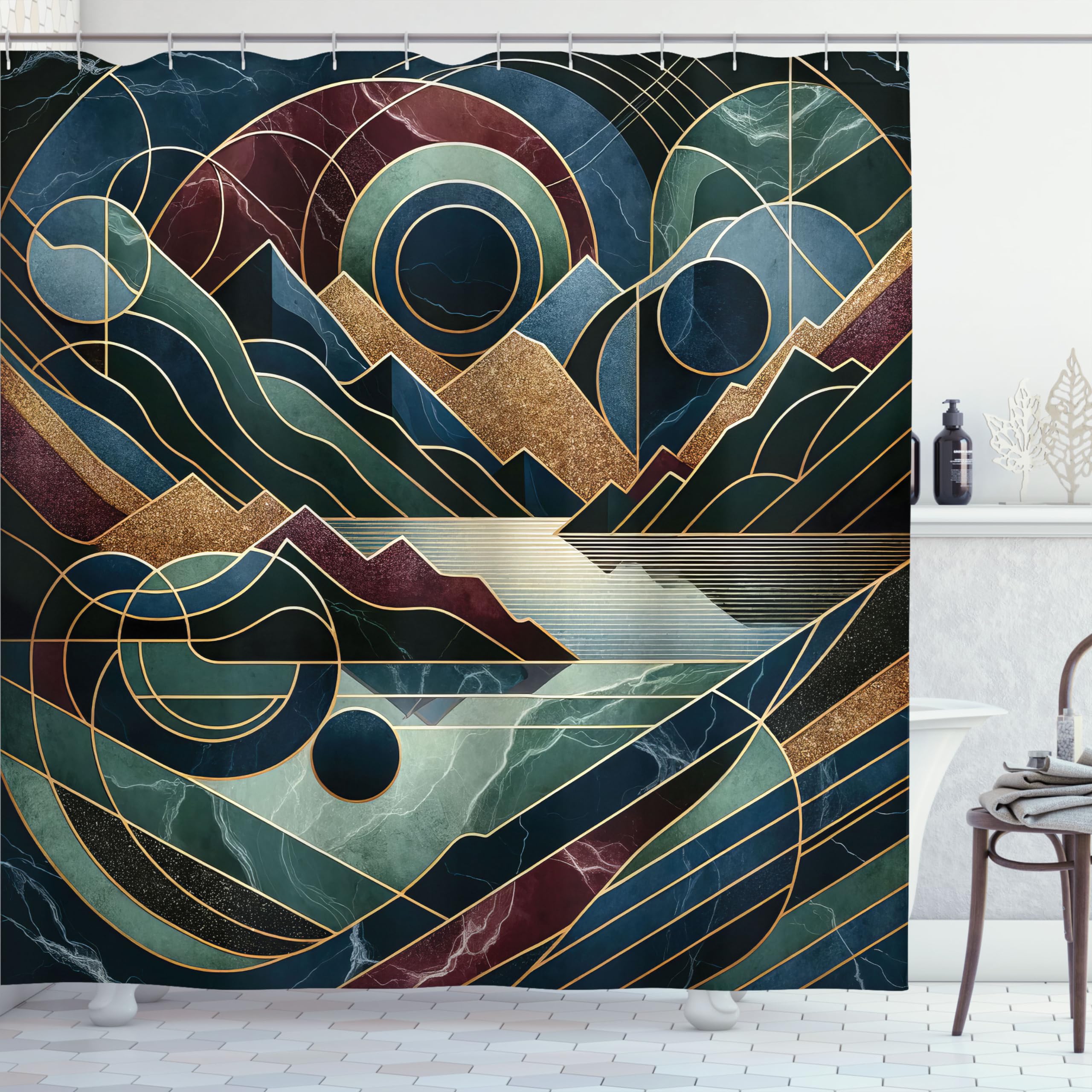 Ambesonne Lake Shower Curtain, Geometric Lines Mountains With Fibonacci Details Modern Minimalist Boho, Cloth Fabric Bathroom De